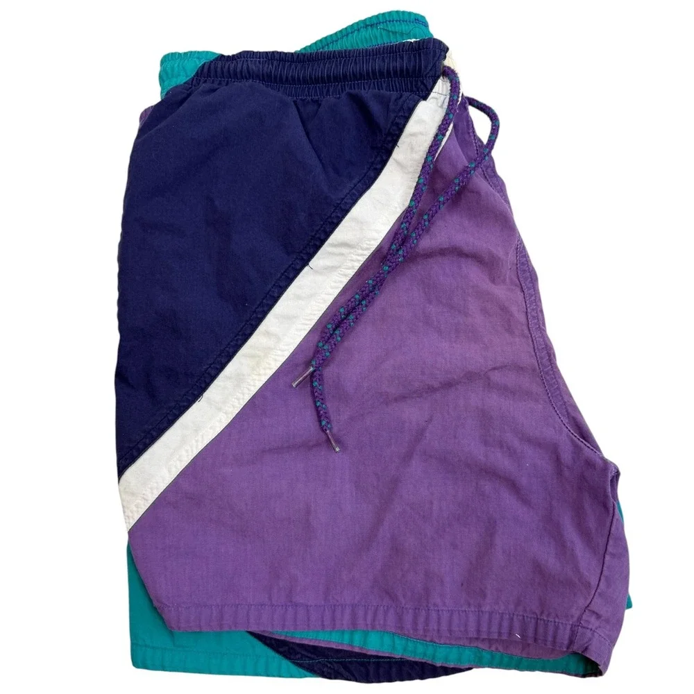 Vintage Pierre Cardin Swim Trunks Mens L Purple Teal Colorblock 80s 90s Retro